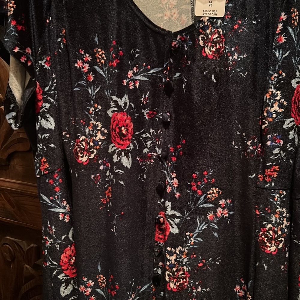 Torrid 4 green floral, short sleeve velvet button front dress - Picture 3 of 6
